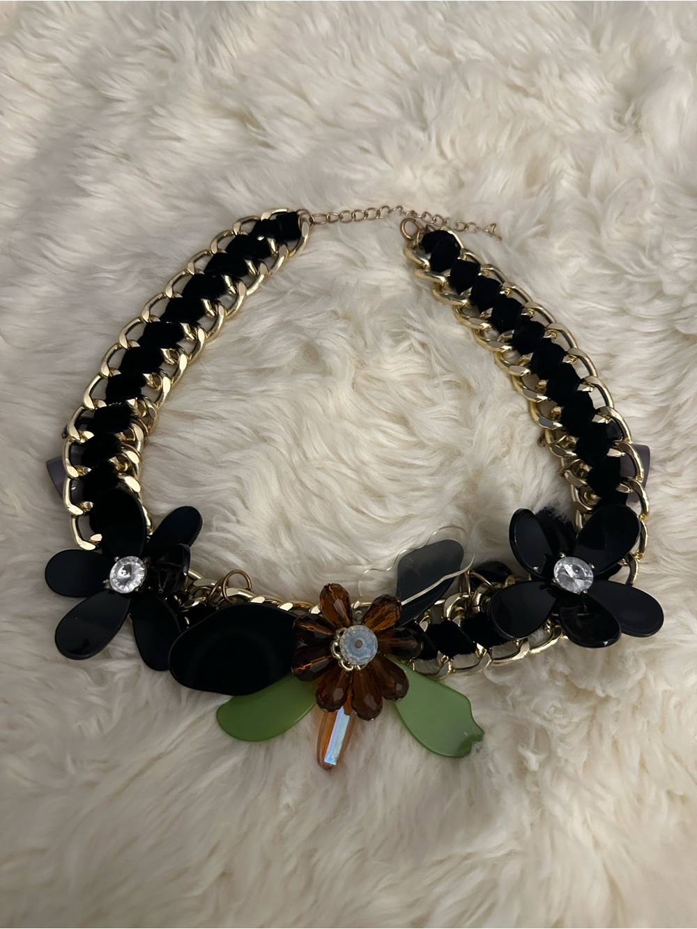 Statement Black & Gold Floral Necklace with Green Accents